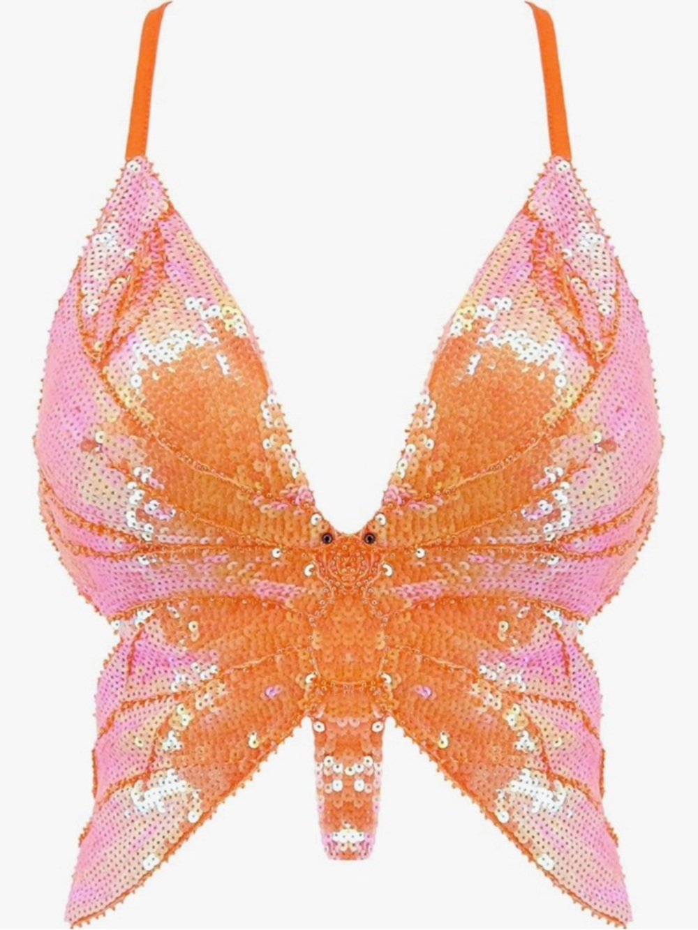 Sequin Butterfly Crop Bralette Top M Orange Pink Open Back Strap Vest Sleeveless